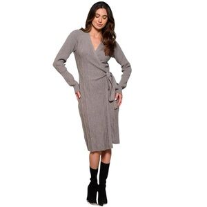 Gray Knit Wrap Sweater Dress – Long Sleeve Tie Waist Midi – Sizes S M L